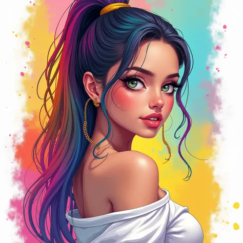 （Pink Fashion T-shirt：1.9），(Colorful hair: 1.8), (all the colours of the rainbow: 1.8),(((((vertical painting：1.6))), （painting：1.6），front, comics, illustrations, paintings, large eyes, crystal clear eyes,（ rainbow color gradient high ponytail：1.7）, exquis...