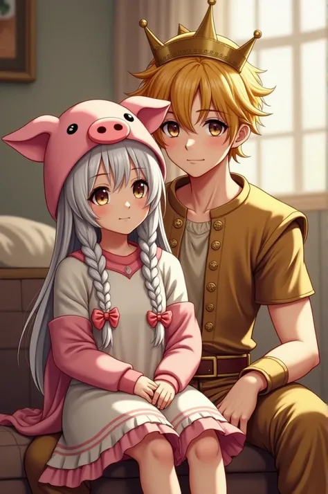  Image of a pretty girl couple sitting on a boys lap ,  the boy is tall and muscular and the girl wears a piggy hat wearing a white shirt and long pink sleeves, white hair with 2 braids pink bows  , the boy in his gold clothes have a gold crown yellow hair...