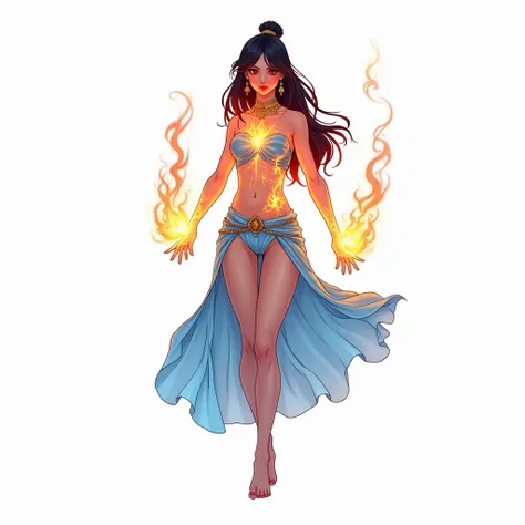 Fire avatar woman with fire and blue fire and and lighting on her body make it a full body picture including her feet asian woman retro anime look solid white background nothing in the the background make sure both feet are visbile
