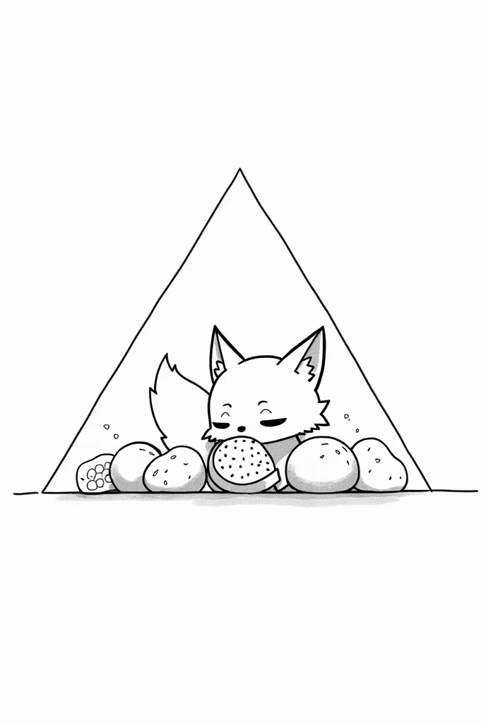 Sketching simple no colour With the triangle fram, draw a fox is eating watermelon and mango inside, canbe overflow.