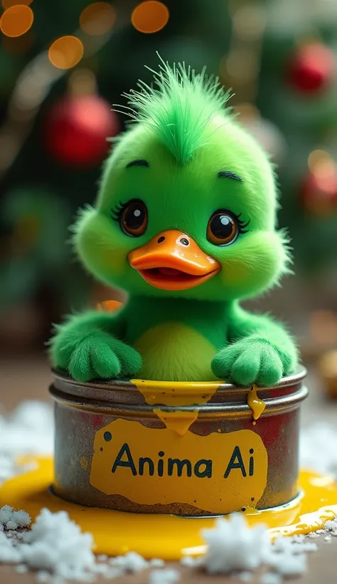 A green duckling  ,  he has green hair and is inside an ink can ,  the ink is yellow and is dripping  ,  has a name on the ink can  , The name written on the tin IS  "Anima AI " ,  the setting is in a Christmas mood with a Christmas tree in the background.