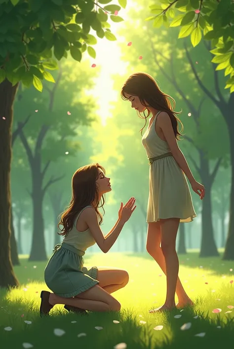   1 woman,  high resolution ， 一個男生  high resolution  一片公園，Kneel on one foot， scene of a girl proposing to a girl ，Ambience 