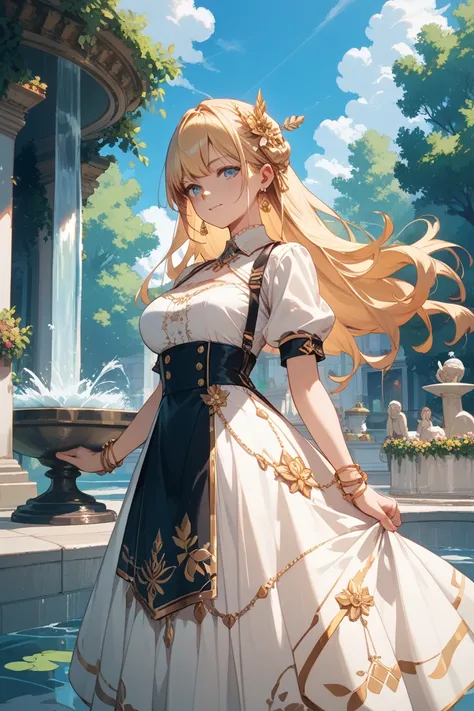 (Manga style) Shes the goddess of life. She has blonde hair and bright eyes. She wears a long golden and white dress. Shes standing near a fountain.