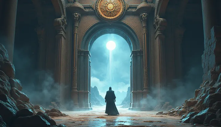 The door is like an entrance to heaven a magical place full of answers is a majestic, beautiful and wise place with a warrior at its entrance 