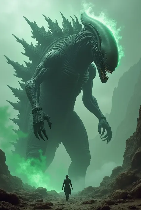 Xenomorph and Godzilla fusion, fantasy world,100 meters in height and length,  color totally black, fantasy world,Is there a green fire coming out of the mouth, Xenomorph queen appearance ,  creepy appearance,corpo de xenomorfo 