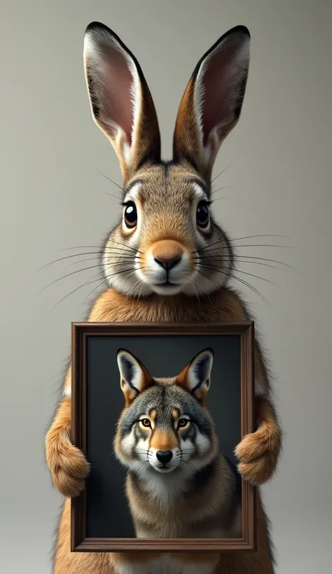 The hare holds a portrait of a wolf in his hands as realistically as possible. 8 k. HD