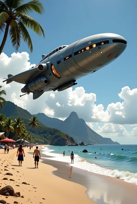 Create an image of an alien spaceship hovering over Copacabana Beach in Rio de Janeiro