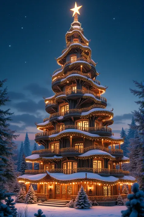 Create a building with balconies, in the shape of a Christmas tree, with lights, night landscape, architecture 