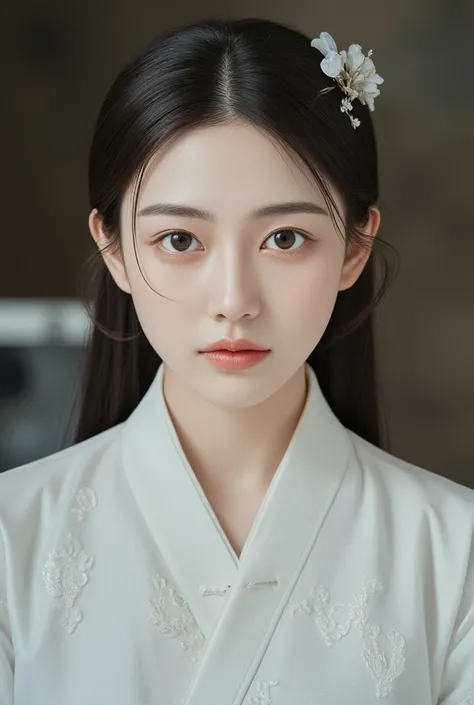 1 woman,Alone, Korea Joseon Dynasty Neat Hairstyle,Tailor-made stylish hanbok , realistic,lips,parted lips, cowboy shot ,afternoon, blurry background,Zitome,Exquisite Korean Joseon Dynasty Background ,