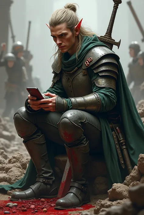  Elf warrior in battle sitting with a sword in blood and ready for war in his slogan bears the word “Gio”. Sitting watching a cell phone 