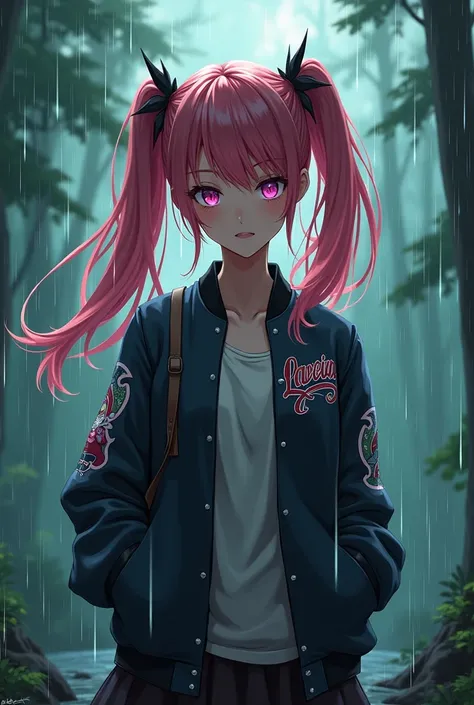 make me a female anime character wearing a Jacket with the name Lareina with Hair in pigtails and a background of raining trees