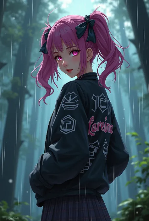 make me a female anime character wearing a Jacket with the name Lareina with Hair in pigtails and a background of raining trees