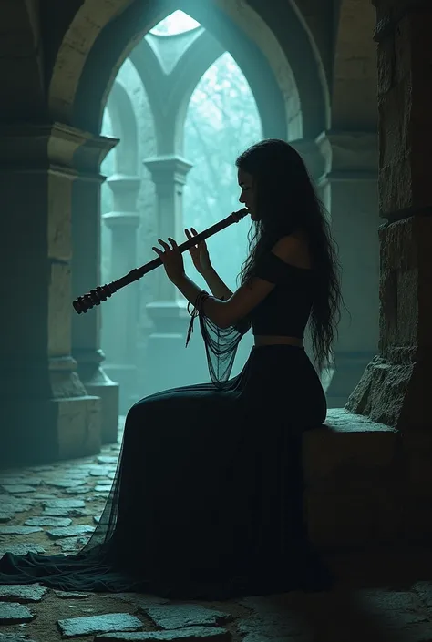 Woman in a castle playing a flute that is full-bodied and that has the shade of an owl with black hair and that is in a dark castle