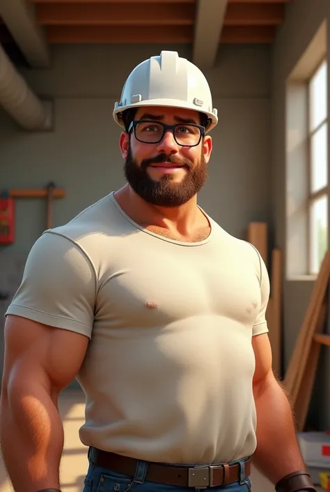 Pixar style: man, strong, big face,  Brown eyes with a white construction helmet on the head, 30 years old with a small beard ,  with glasses square ,  with white shirt,  Standing in a building