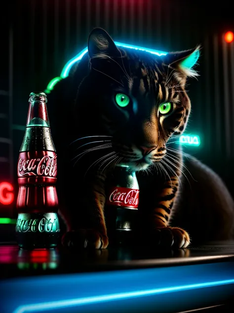 A close-up picture of a big cat with Coca-Cola and pizza in the futuristic cyberpunk neon tron world, cyberpunk city landscape, detailed intricate architecture, glowing neon lights, studio lighting, moody atmosphere, cinematic composition, vivid colors, 8k...