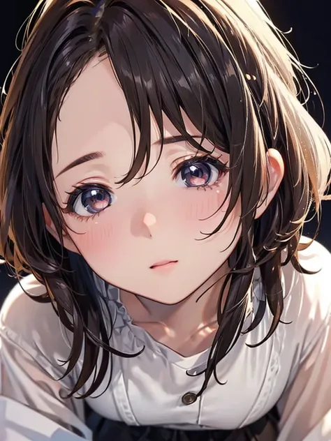 1girl,  small breasts,white tee shirt,black skirt,medium hair
face close-up,I can see the side,Hi-Res、masterwork、Chizuru Ichinose、Brown hair、i&#39;m、Female one、outside of house、Detailed background、A detailed eye、（（brown-eyed））,Beautiful and perfect legs, C...