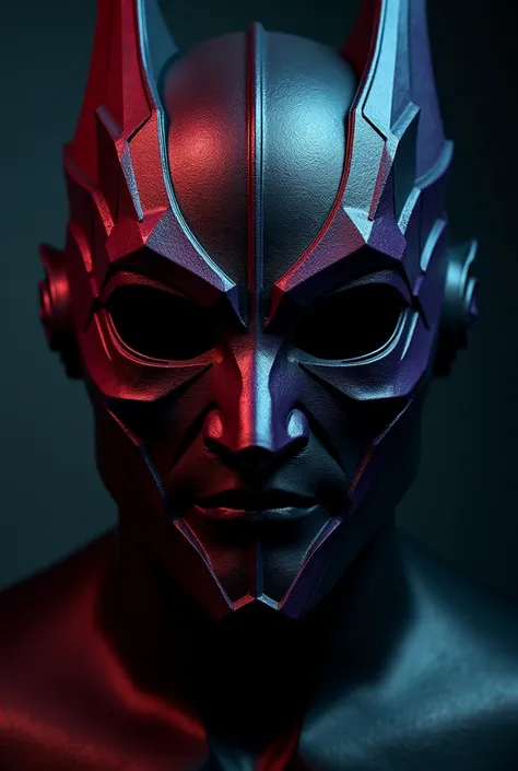 A masochism mask in black colors,  purple and red 