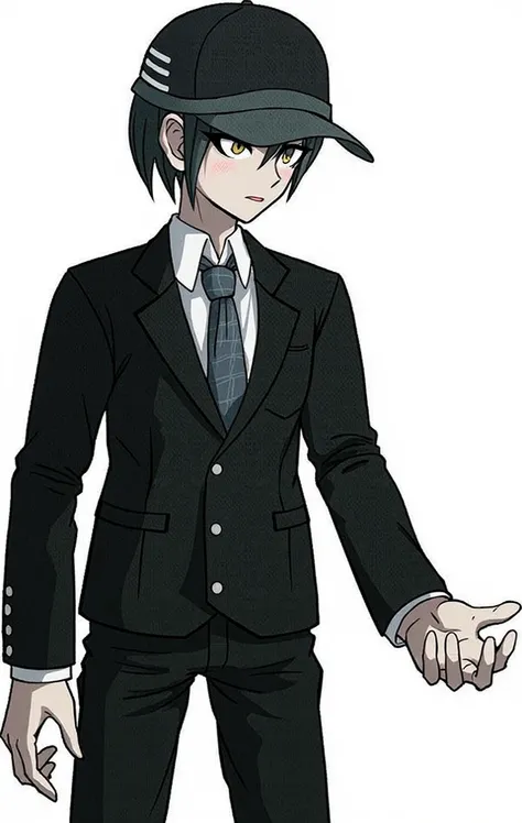 a girl with long black hair, a gray sweater with 2 black stripes on her chest, black shorts and black boots in the art style of danganronpa 