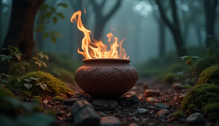 night，A well-crafted clay pot， Background is Forest，Close-up，Fire mapping effect 