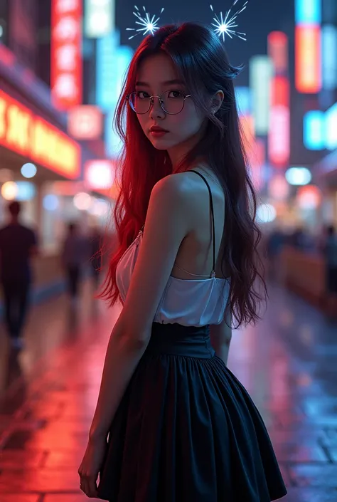 (Qingxu _  Photograph of a beautiful Asian woman Street scene in Tokyo F.11), beautiful Japanese woman,  red hair with white lights  , magical girl,  Blue Eyes,    Black skirt , pleated skirt, wearing sensua glasses , mini-skirt,  very long hair,  jewelry,...