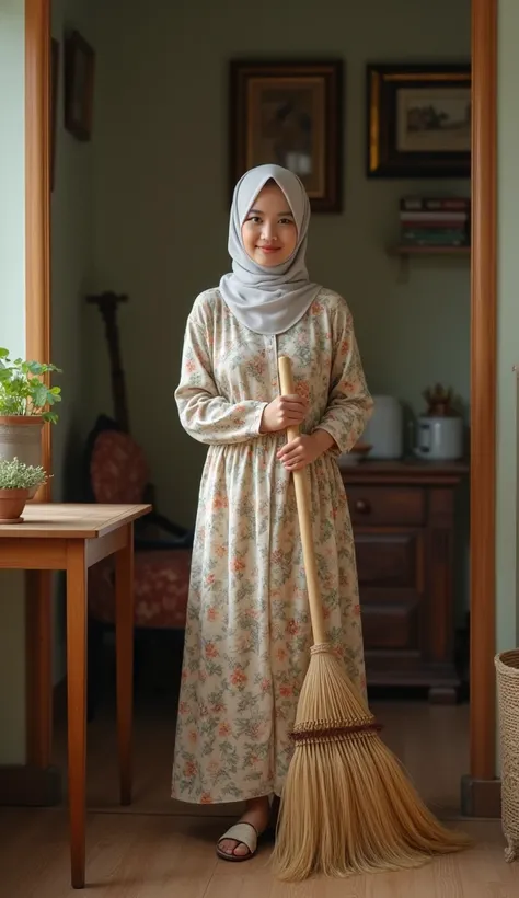 A cute 20 Year Old Indonesian woman, with small figure and short posture. Wearing floral house dress and hijab. Wearing house sandals. No hair seen. Light Makeup. Sweet expression. Holding a broom with both hands. Standing in a living room, Full Body Shot