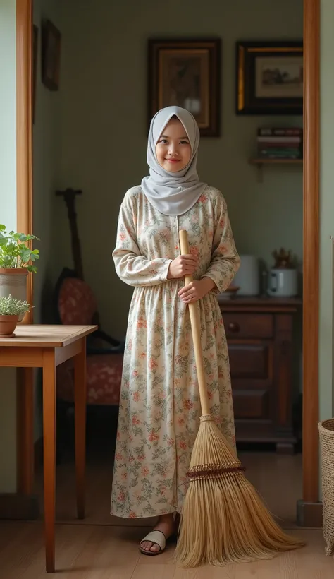 A cute 20 Year Old Indonesian woman, with small figure and short posture. Wearing floral house dress and hijab. Wearing house sandals. No hair seen. Light Makeup. Sweet expression. Holding a broom with both hands. Standing in a living room, Full Body Shot