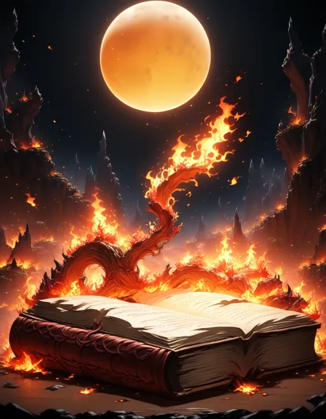 Detailed 8k fire magic book with moon in the background 