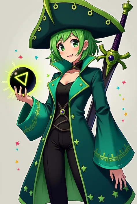 A long Dark Turquise Green jacket with Green Teal star patterns and Teal cuff details. Black trousers underneath. Big Dark Turqise Green pirate hat with Green Teal spikes and motifs on it.
She has Green Teal hair, one eye is tringle-shaped and the other is...