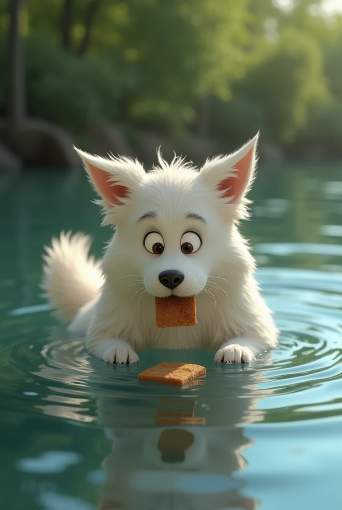 5. Scene 5: Bread Falls into the River

The Pixar-style white dog watches in shock as the piece of bread falls from its mouth into the river. The bread creates ripples as it sinks. The dog’s bushy tail droops slightly, and its floppy ears hang low, showing...