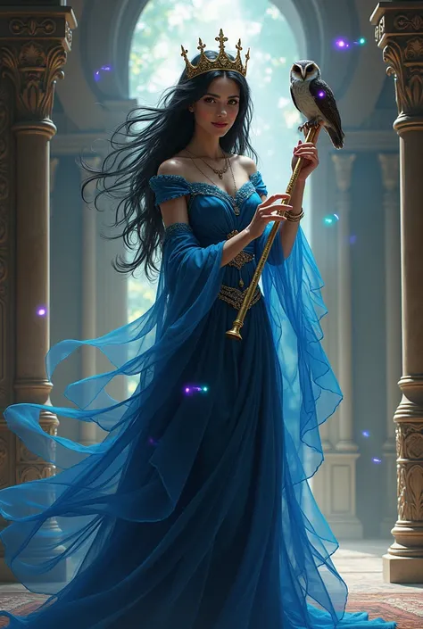 Woman in a castle who has black hair, who is a brunette playing a magical aura, a flute and who has an aura of bright colors and who has a crown and an owl next to her