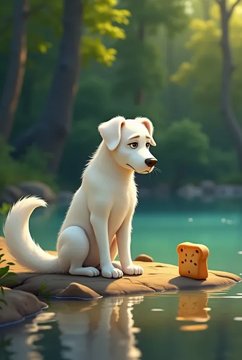 6. Scene 6: Dog Left Empty-Handed

The Pixar-style white dog sits sadly by the riverbank, its head lowered, and its long bushy tail curled around its body. The reflection of the calm river water is visible, but the bread is gone. The surrounding trees and ...