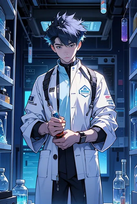  The scientist wears a white lab coat, standing in front of the lab equipment.,  stars holding a small bag containing glittering blue sea ice crystals. ,  lab device is filled with test tubes , bottle, And the ,, in the form of an art group, the star xing ...