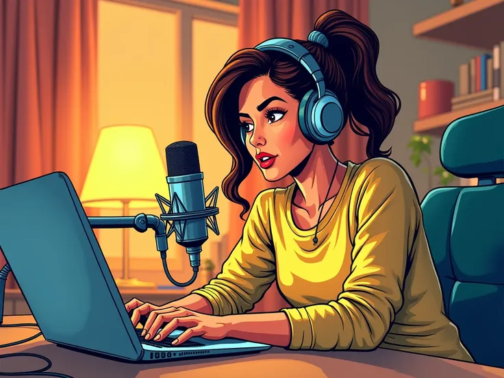 comic book art woman at home on a laptop with a microphone and headphones