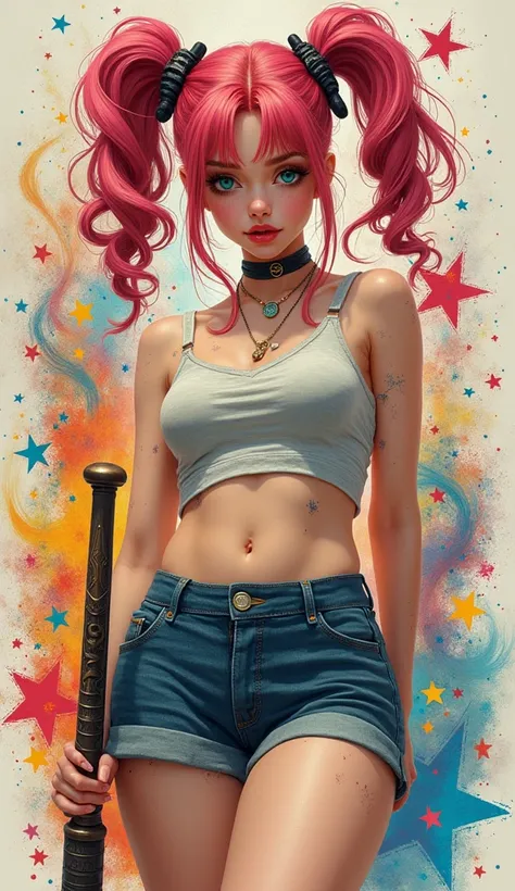 the proportions and detailed textures  multicolored brushwork and softened with airbrush, semi-realism ink china illustration featuring young girl (in high quality of full body) character with a striking appearance, with an innocent looking, perfect face, ...