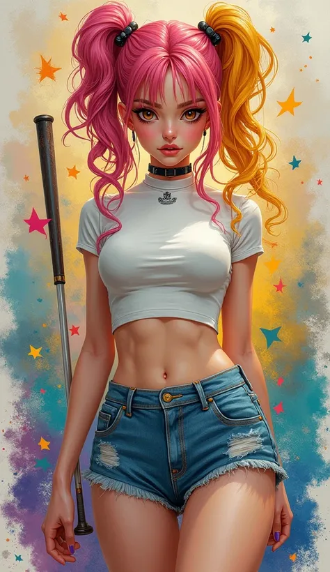 the proportions and detailed textures  multicolored brushwork and softened with airbrush, semi-realism ink china illustration featuring young girl (in high quality of full body) character with a striking appearance, with an innocent looking, perfect face, ...