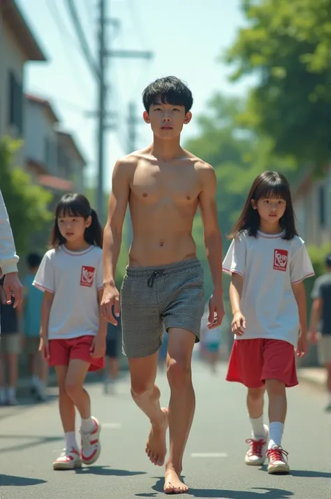 South Korea Korean male student completely naked and barefoot without any clothes leaves his house his two younger brothers a younger sister and a younger brother two students dressed up this student who is naked in high school and comes out behind them on...