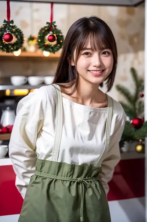 (masterpiece, best quality, perfect anatomy, highres, 8k, realistic, photorealistic, natural skin texture, no makeup:1.2), 1girl, solo, Japanese, age20, very cute, (large breasts), (Christmas Eve afternoon:1.5), She is a cafe waitress, (wearing a red apron...