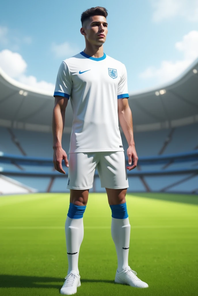 White soccer uniform with blue lines