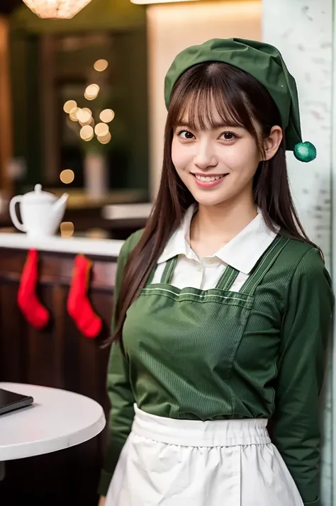 (masterpiece, best quality, perfect anatomy, highres, 8k, realistic, photorealistic, natural skin texture, no makeup:1.2), 1girl, solo, Japanese, age20, very cute, (large breasts), (Christmas Eve afternoon:1.5), She is a cafe waitress, (wearing a red apron...