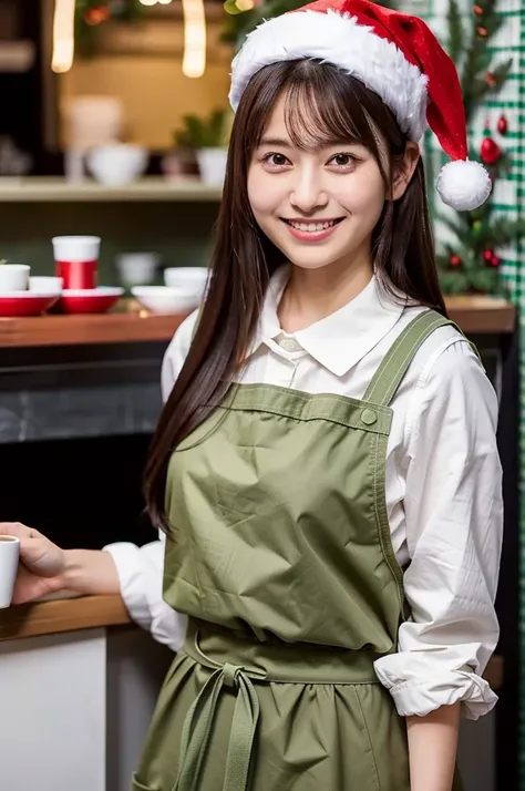 (masterpiece, best quality, perfect anatomy, highres, 8k, realistic, photorealistic, natural skin texture, no makeup:1.2), 1girl, solo, Japanese, age20, very cute, (large breasts), (Christmas Eve afternoon:1.5), She is a cafe waitress, (wearing a red apron...