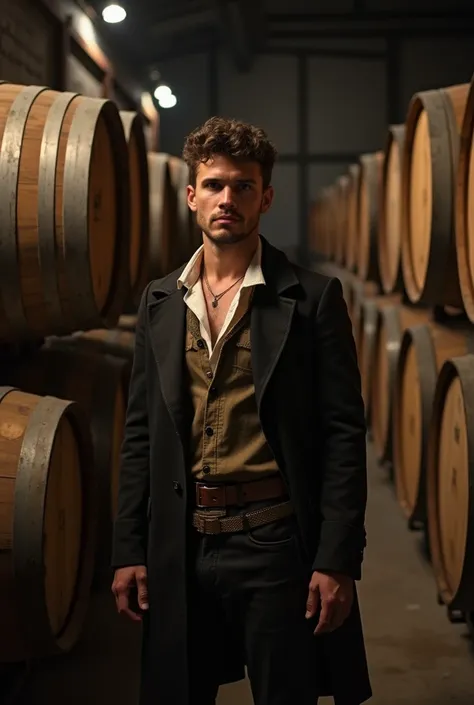 25-year-old Brazilian man from the 19th century ,  short hair , 19th century clothes ,  is hiding behind old wine barrels.  the luminosity of the warehouse setting is dark, Warehouse is from the 19th century . 