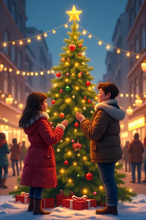 Christmas atmosphere in the city of Timor  ,   a couple of women and a man make a Christmas tree 