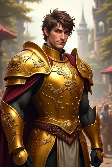 Um man guerreiro, with gold armor and gold helmet , short messy brown hair,  white skin , adult, man,  brown eyes and a confident smile in her eyes. rpg game