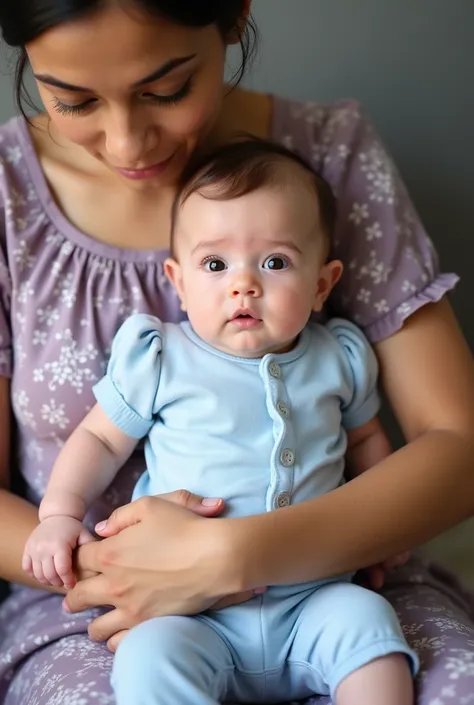  Mother holding a 6-month-old baby in her lap .  The baby wears a light blue jumpsuit , fair skin,  brown eyes and little brown hair. The mother, light brown skin,  brown eyes and black hair tied , wears a lilac floral dress .

