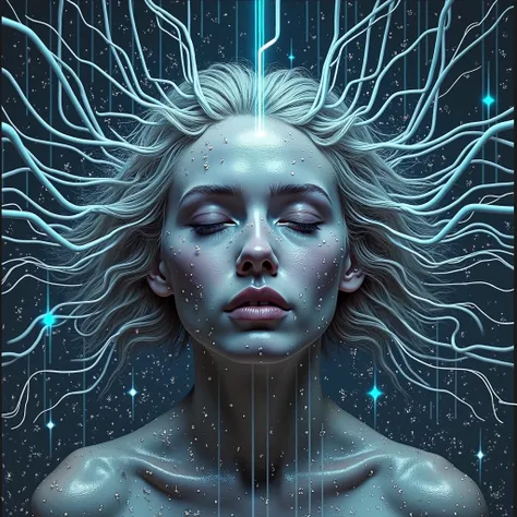 A ghostly face of a woman consumed by dark and chaotic electronic circuits, her pale and ethereal skin contrasting with glowing bright blue technology traces enveloping her. Her expression is melancholic, almost tragic, as wires and circuit fragments inter...