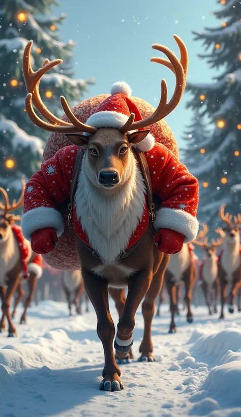 A muscular reindeer wearing a Santa Claus costume, wearing a hat, carrying a giant gift sack. Christmas tree is walking down the street. There are many Christmas trees, snowman and reindeer following.