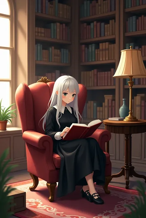 A white-haired girl reading a book sitting on an armchair in a nice library with a black oberol 