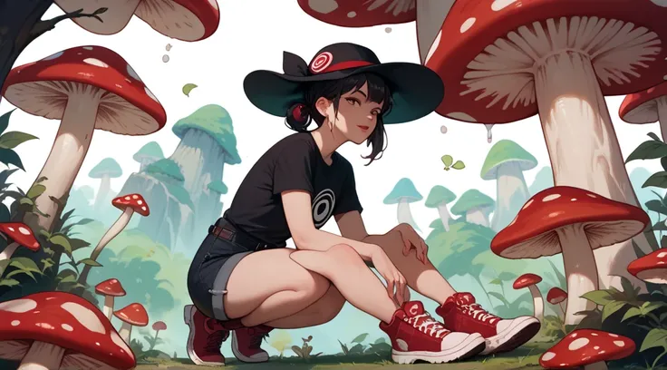  girl with a fungus on her arm ,  wearing a hat shaped like a red mushroom ,  with white circles around her ,  with a dark green short sleeve t-shirt, with a common shin ,  with dark red shoes 