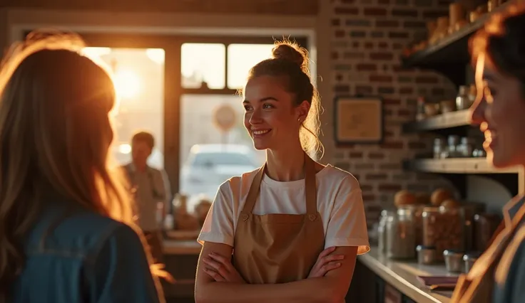 24.	Create an image of a young woman addressing her bakery staff in a heartfelt speech, the warmth of her words reflected in the supportive expressions of her team, in a cozy bakery interior with golden evening light, shot with a Sony A7S III, 28mm lens, s...