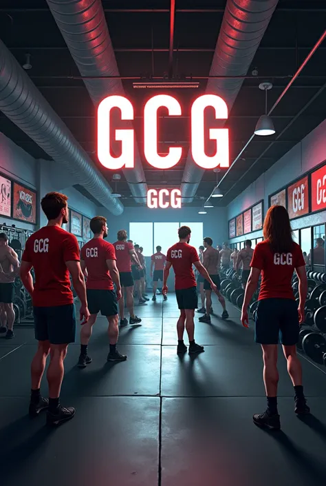 Weight gym that says GCG with people inside who have clothes that say GCG